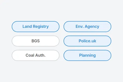 Six data-source tiles — Land Registry, Environment Agency, BGS, Police.uk, Coal Authority and Planning — being scanned.